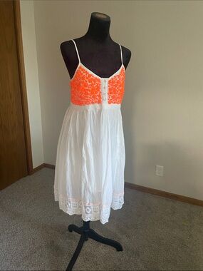 Free People White Dress with Neon Orange Embroidered Bodice